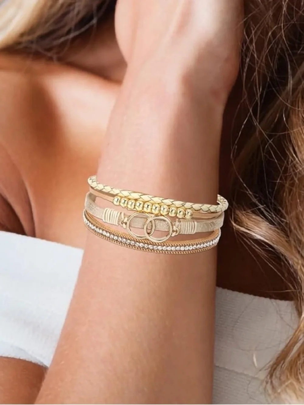 Anthropologie Beige and Gold Multi-Strand Bracelet with Crystal Trim